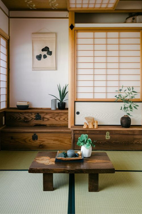 15 Zen-Inspired Ideas for Your Japanese Tiny House Living Room Vertical Space Utilization with Tansu Chests