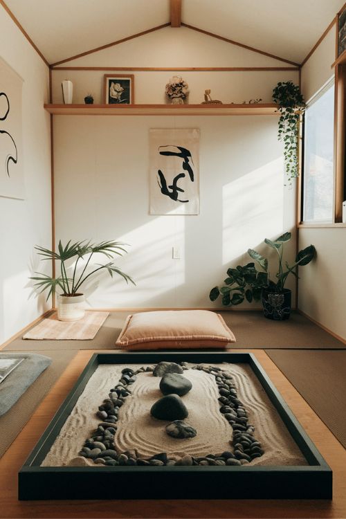 15 Zen-Inspired Ideas for Your Japanese Tiny House Living Room Zen Corner with a Mini Rock Garden