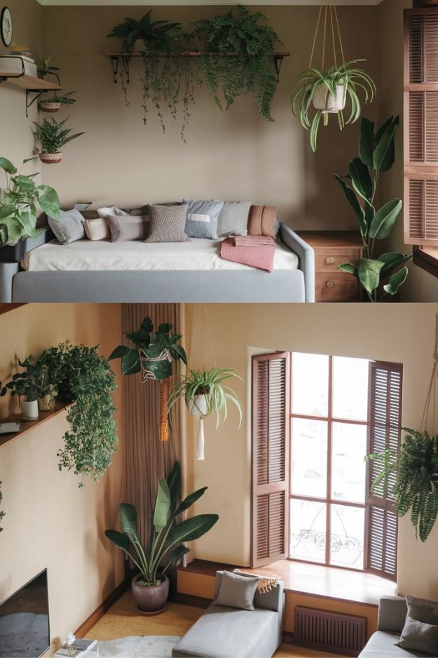 20 Clever Ideas for Your Tiny House Elevated Living Room Hanging Plants for Vertical Greenery