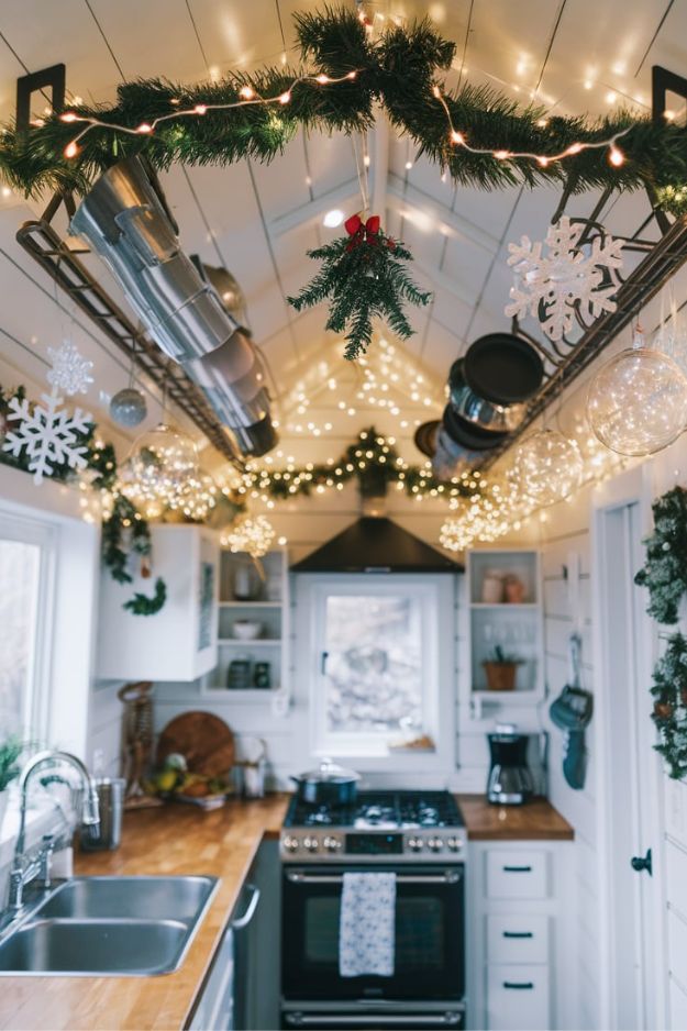 Ceiling-Mounted Pot Rack Winter Wonderland 20 Tiny House Kitchen Ideas for Christmas