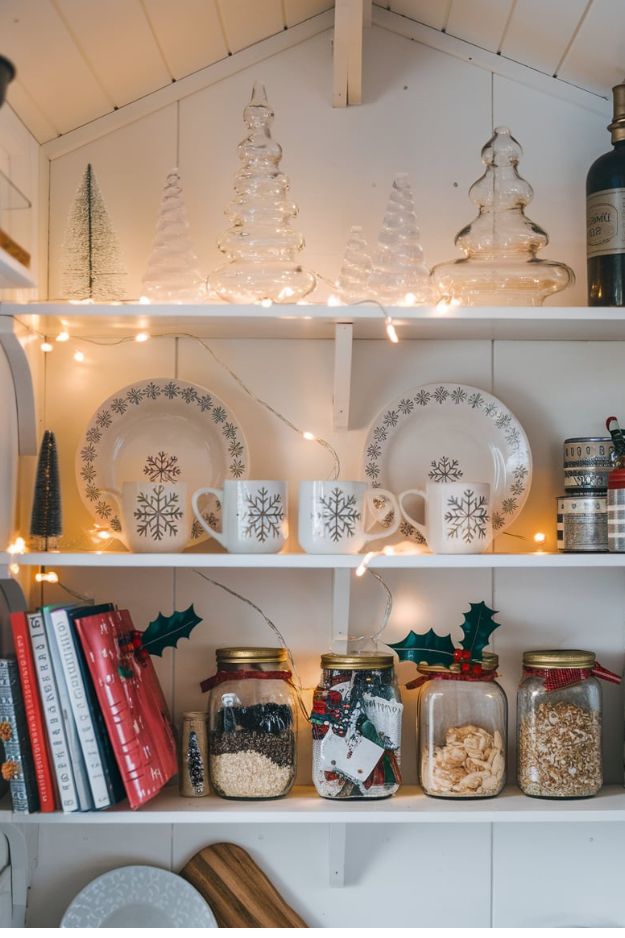 Festive Open Shelving Display Tiny House Kitchen Ideas for Christmas