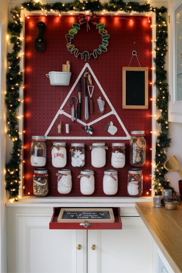 Illuminated Pegboard Baking Center 20 Tiny House Kitchen Ideas for Christmas