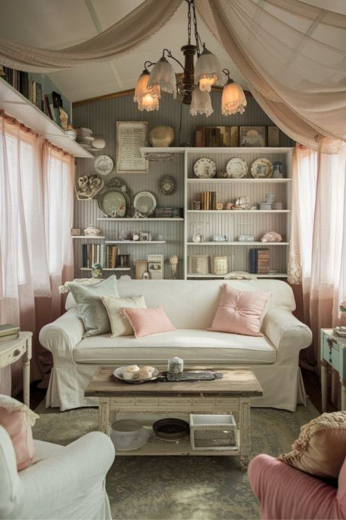 Shabby Chic Serenity Vintage Tiny House Living Room Ideas 