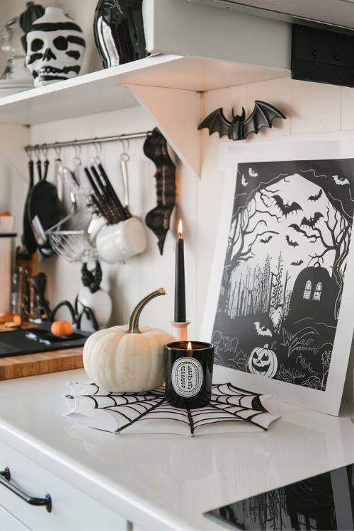 Black and White Halloween Vignette Bewitching Halloween Decor Ideas for Tiny House Kitchens