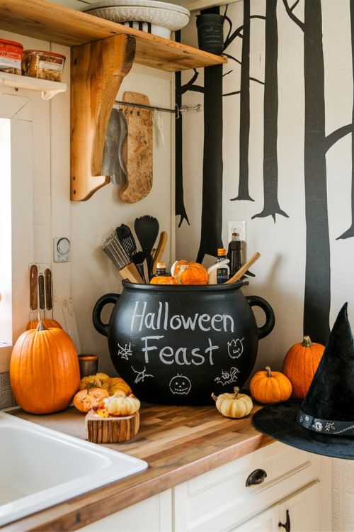Chalkboard Cauldron Menu Bewitching Halloween Decor Ideas for Tiny House Kitchens