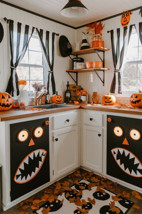 Haunted Cabinet Faces Bewitching Halloween Decor Ideas for Tiny House Kitchens