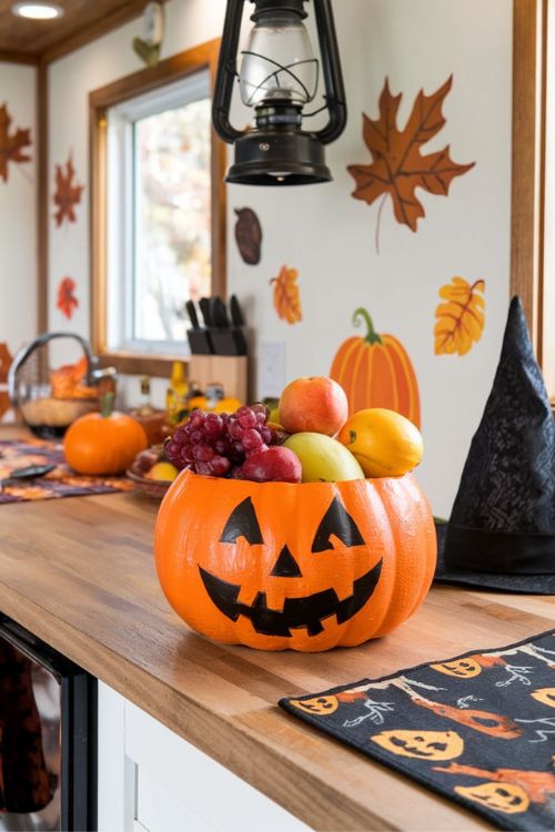Jack-o’-Lantern Fruit Bowl Bewitching Halloween Decor Ideas for Tiny House Kitchens