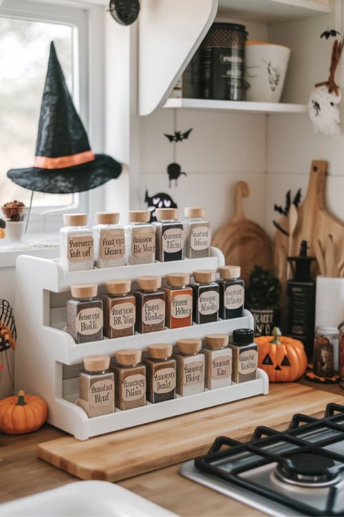 Potion Bottle Spice Rack Bewitching Halloween Decor Ideas for Tiny House Kitchens