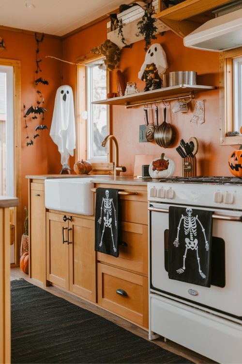 Skeleton Hand Towels Bewitching Halloween Decor Ideas for Tiny House Kitchens