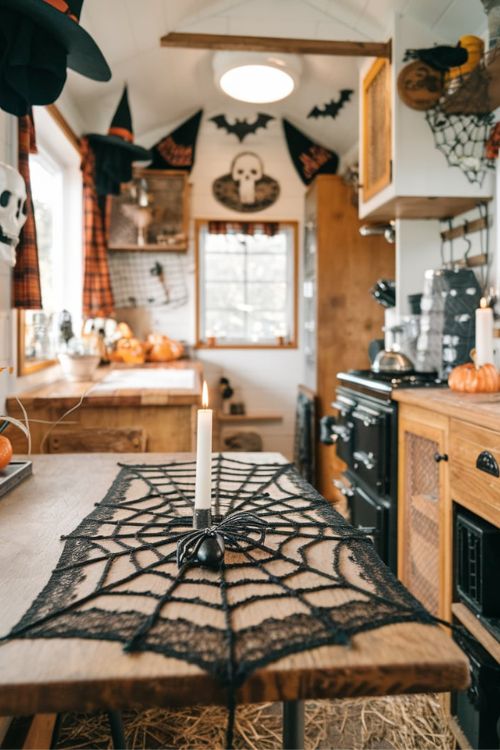 Spiderweb Table Runner Bewitching Halloween Decor Ideas for Tiny House Kitchens