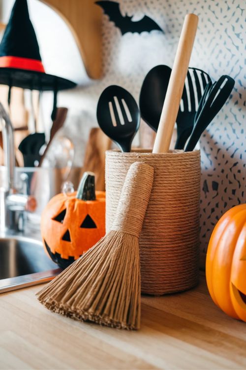 Witch’s Broom Utensil Holder Bewitching Halloween Decor Ideas for Tiny House Kitchens