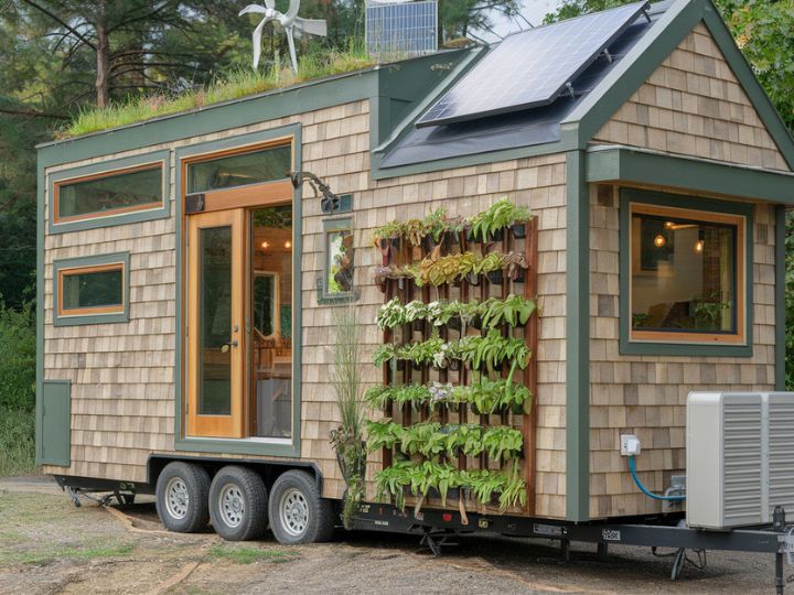 Eco-Friendly Green Machine Captivating Tiny House Exterior Aesthetic Ideas 