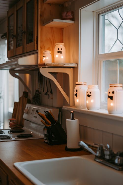 Ghostly Mason Jar Lights Bewitching Halloween Decor Ideas for Tiny House Kitchens