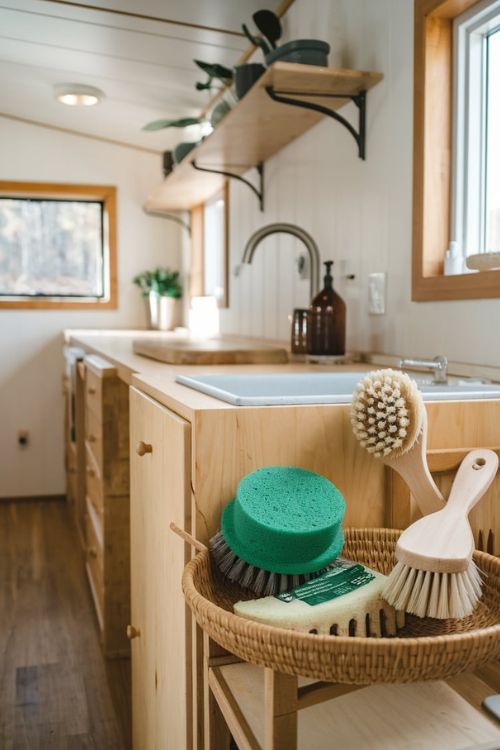 Biodegradable Cleaning Tools Tiny House Kitchen Green Ideas: Eco-Friendly Living Space