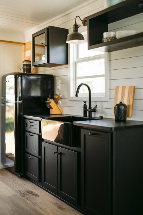 Black Sink and Faucet Tiny House Kitchen Black Interiors Design