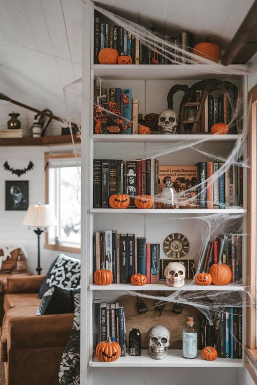Halloween Themed Bookshelf Styling Creative Halloween Decorations Indoor for Your Tiny House Living Room