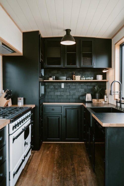 Mixed Materials Tiny House Kitchen Black Interiors Design