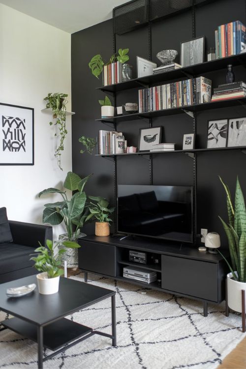 Black Accent Wall with Vertical Storage Modern Black Tiny Living Rooms You Can’t Miss