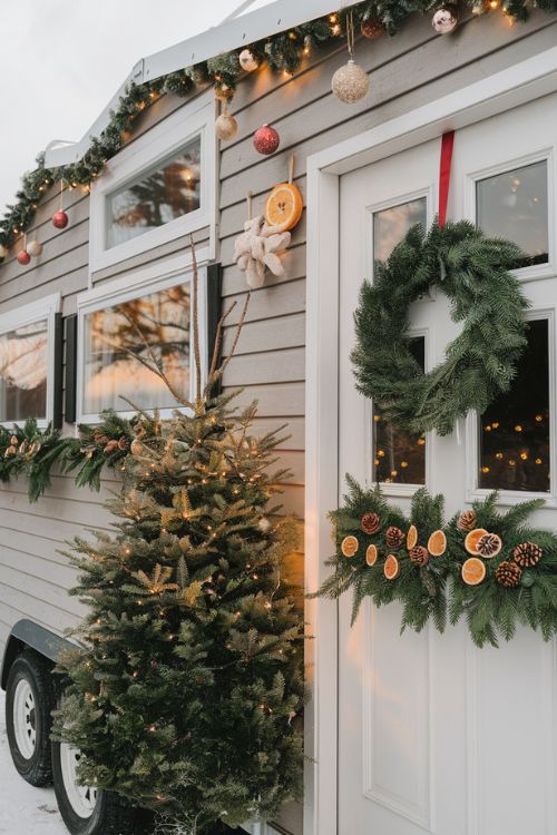 Natural Pine Garland Window Frames DIY Christmas Tiny Home Exterior Decor Ideas