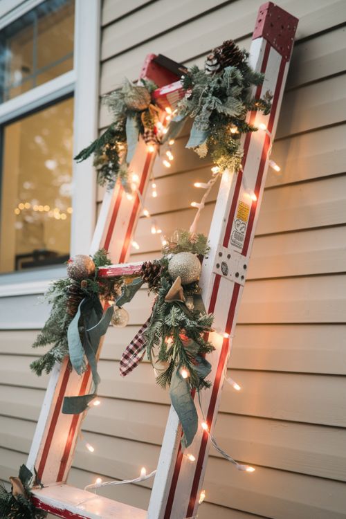 Upcycled Ladder Light Display DIY Christmas Tiny Home Exterior Decor Ideas