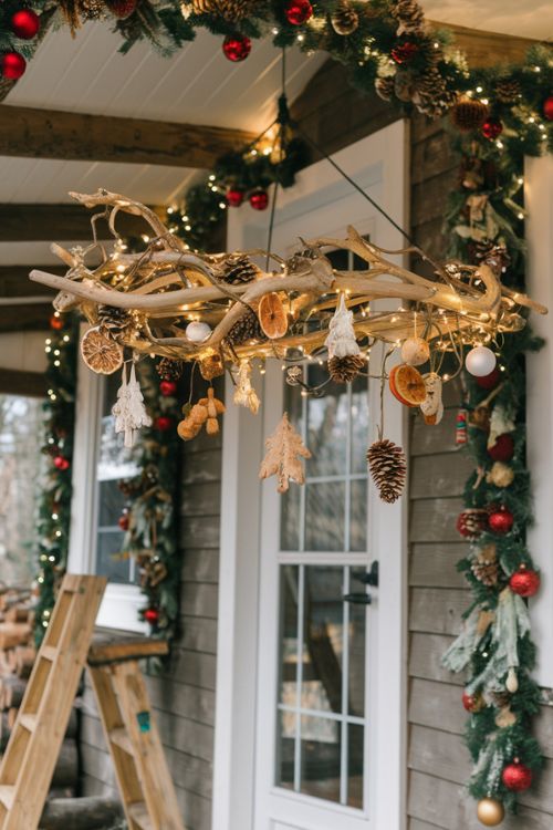 Natural Branch Chandelier DIY Christmas Tiny Home Exterior Decor Ideas