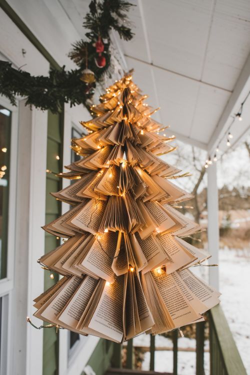 Recycled Book Page Bunting DIY Christmas Tiny Home Exterior Decor Ideas