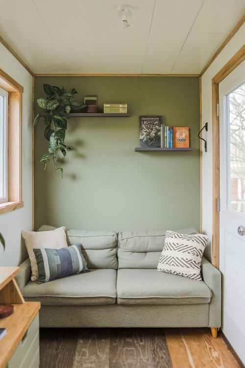 Sage Green Accent Wall Green Tiny House Living Room Ideas