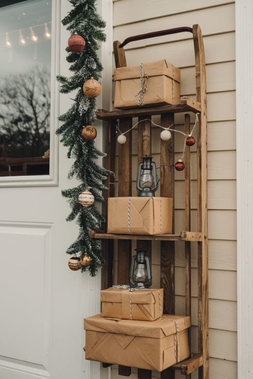 Vintage Sled Porch Display DIY Christmas Tiny Home Exterior Decor Ideas