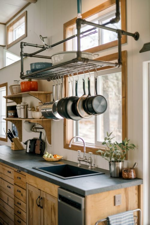 Ceiling-Mounted Pot Rack Tiny House Kitchen Hacks: Revolutionary Space-Saving Solutions