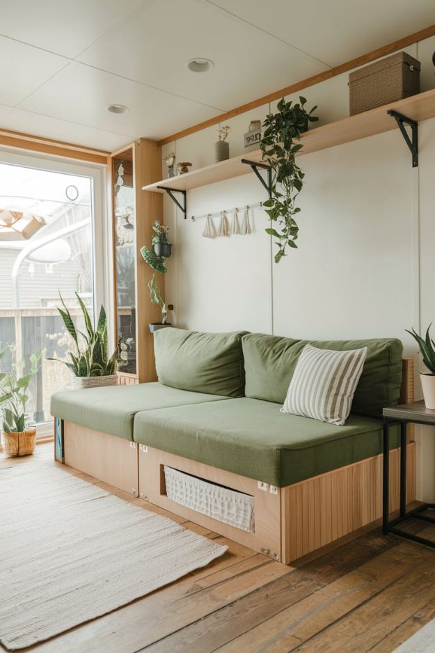 Compact Green Sectional Inspiring Green Tiny House Living Room Ideas