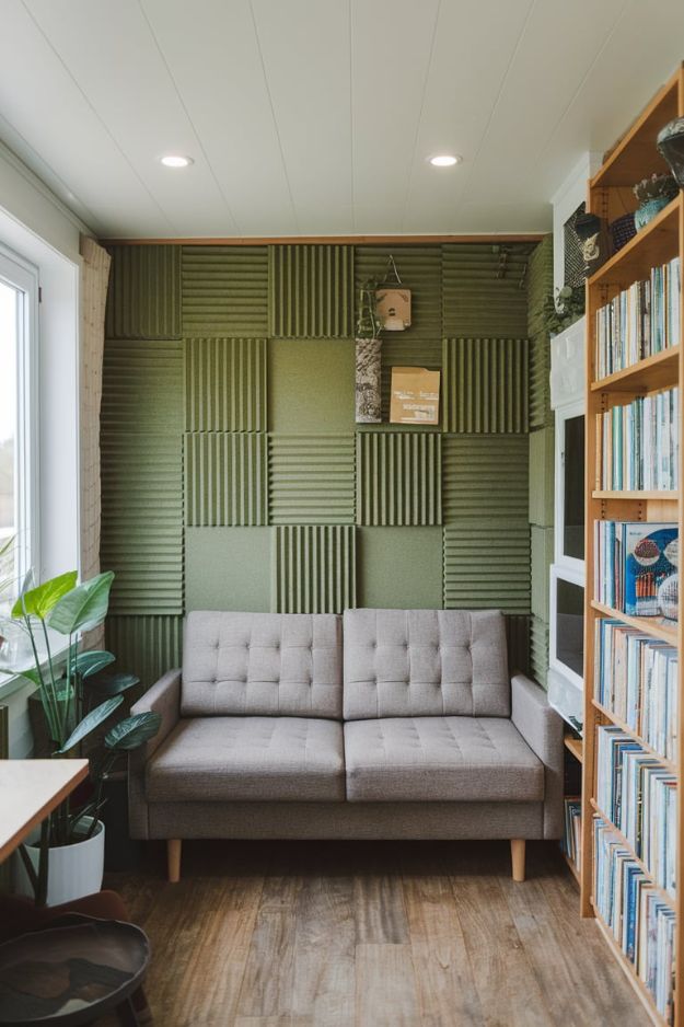 Green Acoustic Panels Inspiring Green Tiny House Living Room Ideas
