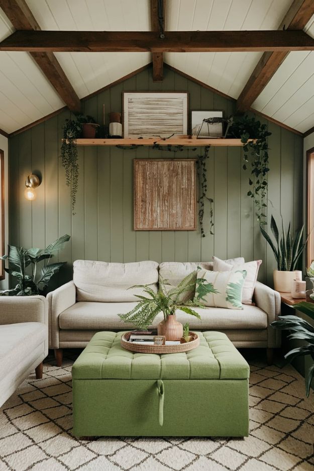 Green Storage Ottoman Inspiring Green Tiny House Living Room Ideas