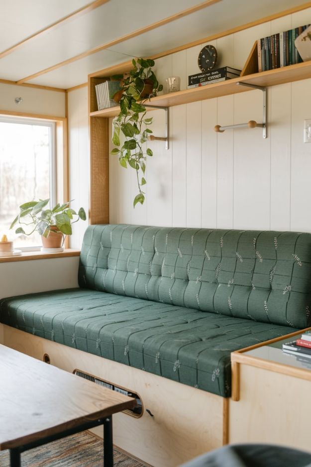 Multifunctional Green Sofa Bed Inspiring Green Tiny House Living Room Ideas