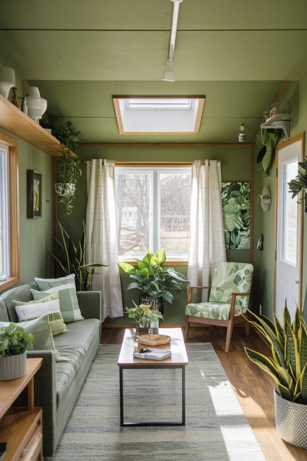Natural Light Maximization Inspiring Green Tiny House Living Room Ideas