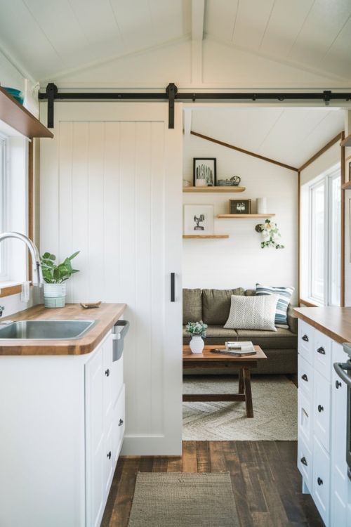Sliding Barn Door Space-Saving Furniture Ideas for Tiny House Kitchen and Living Room Duos