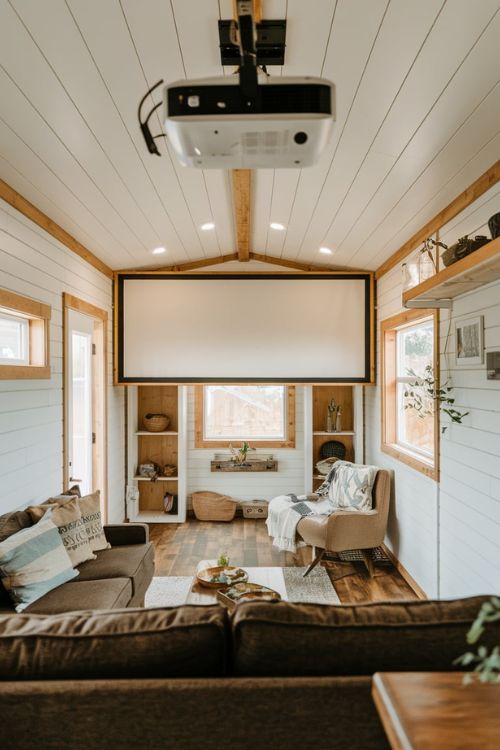 The Ceiling Projector Screen Tiny House Living Room with TV