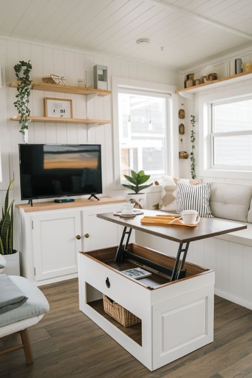 The Lift-Top Coffee Table Tiny House Living Room with TV