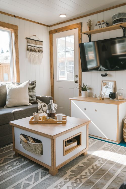 The Multi-Functional Ottoman Tiny House Living Room with TV