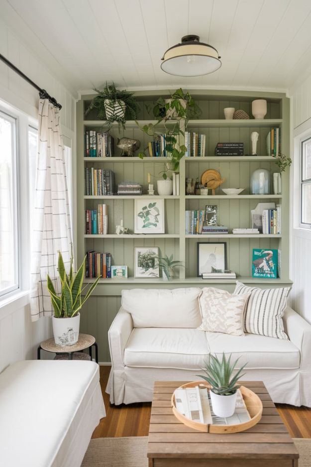 Upcycled Green Bookshelf Inspiring Green Tiny House Living Room Ideas