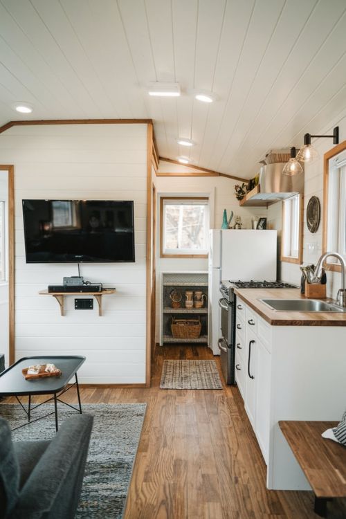 Wall-Mounted TV Space-Saving Furniture Ideas for Tiny House Kitchen and Living Room Duos