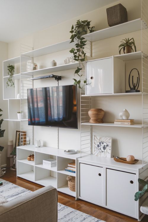 TV in a Modular Shelving System Small Living Room Ideas with TV: Chic Solutions for Compact Spaces