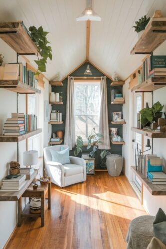 20 Clever Ideas for Your Tiny House Elevated Living Room Floating Shelves for Vertical Storage